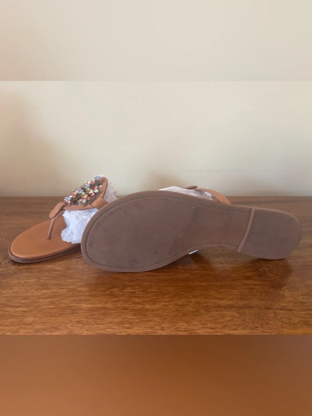 Camel Leather Tory Burch Miller Sandal Crystal Ladies Sandals Flip Flops - 9